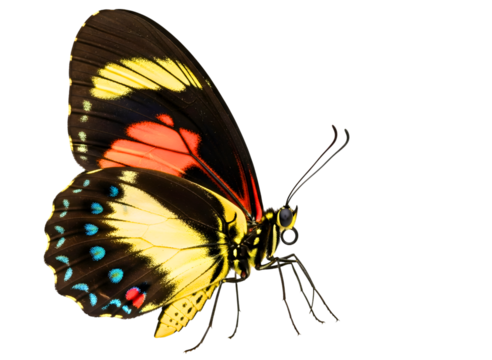 Colorful butterfly with black, yellow, and red wings isolated on transparent background - Powered by Adobe