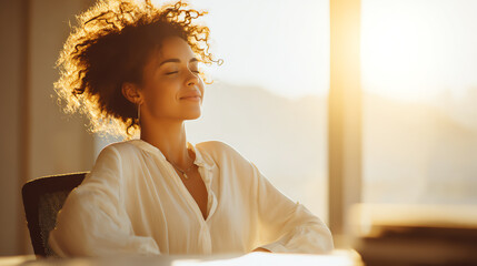 A woman enjoying a moment of peace and reflection by the window, basking in the warm glow of sunlight.