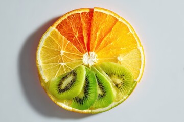 Citrus Rainbow - Vibrant Slice of Orange, Lemon, and Kiwi on White.