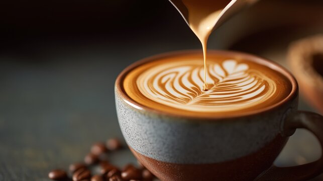 Close-up of steaming milk being poured into a ceramic cup of espresso to create a leaf pattern latte art. Fresh roasted coffee beans are scattered on the table in the blurred background - Powered by Adobe