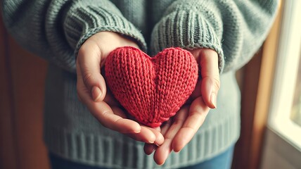 Hands holding knitted red heart symbol of love and care in soft warm light
