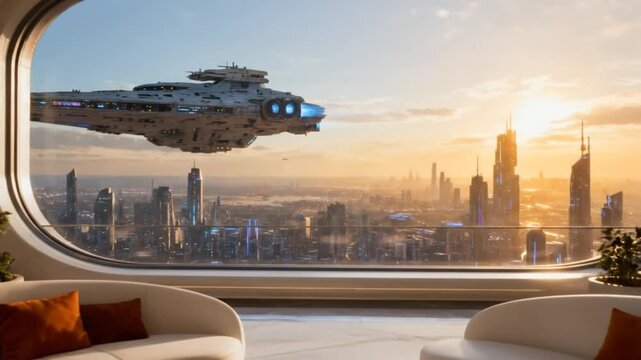 Large spaceship flying near window with view of futuristic city skyline at sunset