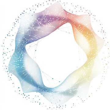 The abstract technique, represented by a circle composed of interconnected points and flowing waves, symbolizes a globally interconnected ecosystem of data exchange and digital collaboration.