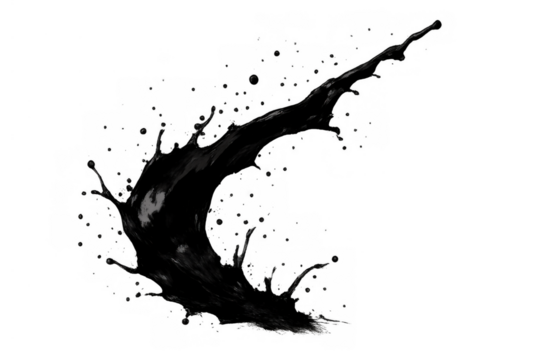 Black ink splash. Dynamic liquid wave with paint droplets, creating an abstract fluid motion. Transparent background