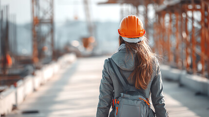 A woman in a hard hat walks confidently on a construction site, symbolizing empowerment and progress in industry.
