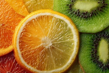 Radiant Backlit Citrus and Kiwi Slices Creating a Vibrant, Textured Mosaic.