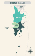 Obraz premium A map showing Phuket Thailand divided into districts in a minimalist colorful style