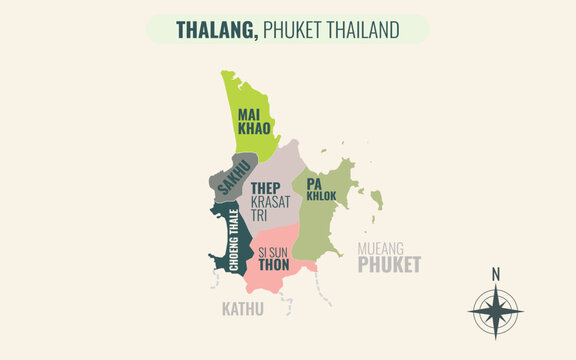 Map showing Thalang District Phuket Thailand divided into sub-districts with minimalist colorful patterns
