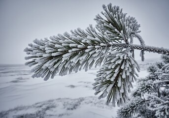 Detailed view of an evergreen pine branch covered with rime ice in a snowy winter landscape
