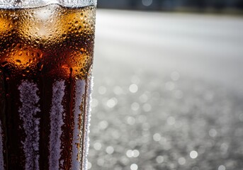 Refreshing cold beverage with ice and heavy frost on the glass surface