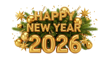 Happy new year 2026 festive gold lettering and holiday decor