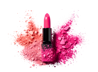 Vibrant pink lipstick with scattered makeup powder isolated on transparent background