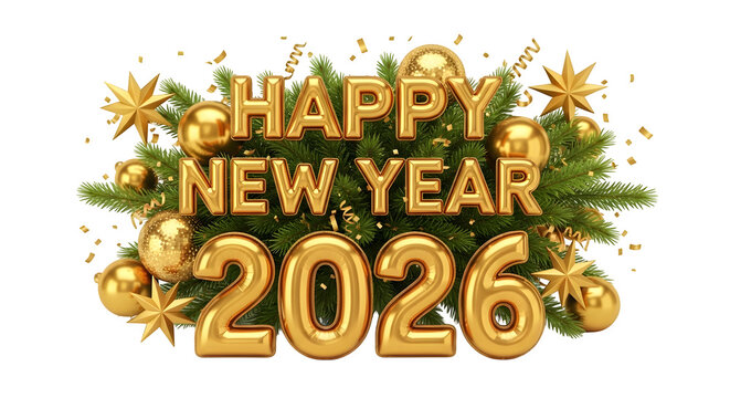 Happy new year 2026 festive gold lettering and holiday decor - Powered by Adobe
