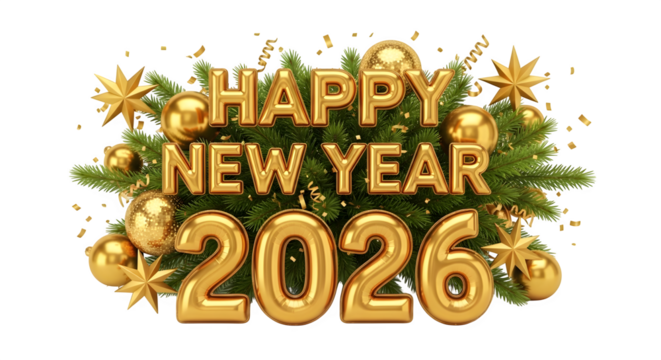 Happy new year 2026 festive gold lettering and holiday decor