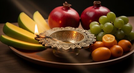 A beautiful arrangement of fruits and a lit diya for a religious ceremony.