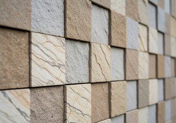 Fototapeta premium Textured natural stone tiles forming a modern geometric 3D wall pattern
