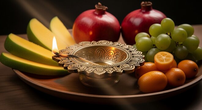A beautiful arrangement of fruits and a lit diya for a religious ceremony.