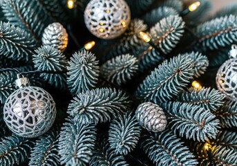 Frosted evergreen branches decorated with silver christmas ornaments and warm string lights