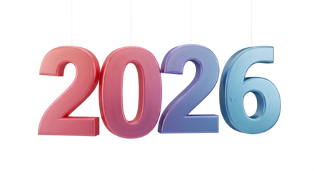 Colorful 3d rendered 2026 numbers hanging, celebrating new year