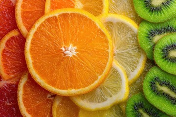 Vibrant Citrus and Kiwi Slices Mosaic - Fresh, Juicy, and Colorful Fruit Medley.