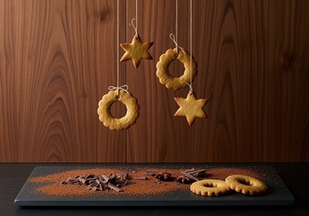 Elegant christmas speculoos cookies hanging over a dark slate with chocolate and spice