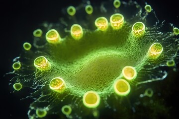 Glowing green microscopic colony with circular cup-like structures, filamentous connections, tiny luminous dots and a central depression, evoking wonder and eerie beauty