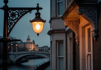 Illuminated antique street lamp and historic building facade overlooking a city river bridge.