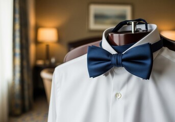 Elegant navy blue bow tie resting on a crisp white dress shirt ready for a formal event.