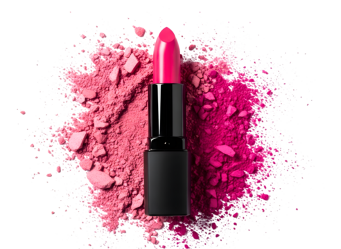Vibrant pink lipstick with scattered pink makeup powder isolated on transparent background - Powered by Adobe
