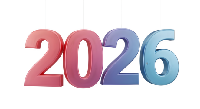 Colorful 3d rendered 2026 numbers hanging, celebrating new year