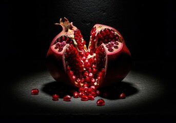Single pomegranate dramatically cracked open showing vibrant red seeds on dark stone