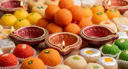 A festive display of traditional Indian sweets and illuminated clay diyas for Diwali.