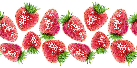 A beautiful seamless border of sweet strawberries. A bright, juicy berry pattern. A template for an endless banner for jam, marmalade, cosmetics, and just for summery feel. Watercolor illustration