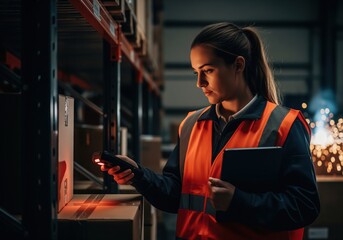 Dedicated female warehouse operative scanning inventory barcode with handheld scanner.