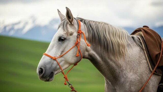 White horse with an orange halter and saddle blanket standing peacefully in a green field. Majestic animal portrait for equestrian and nature concepts
