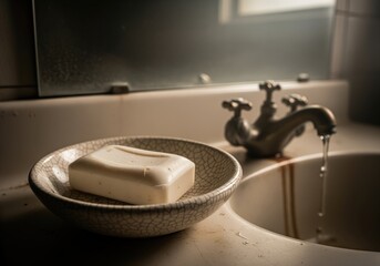 Old white soap bar in a cracked ceramic dish next to a dirty sink and dripping vintage faucet.