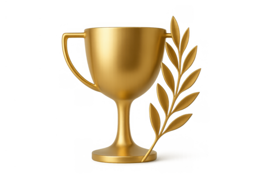 Golden trophy cup with olive branch presenting success, achievement, and victory on transparent background