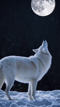 A white wolf howls in the snow beneath a bright full moon, creating a serene and mystical nighttime scene