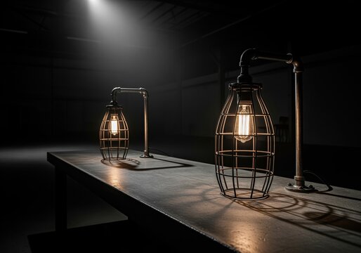 Dramatic industrial cage lamps featuring vintage filament bulbs on a dark table - Powered by Adobe