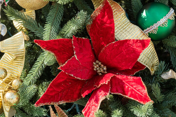 A lush green Christmas tree decorated with an euphorbia pulcherrima, a silk poinsettia flower with sparkles and gold edging on the petals. The tree has gold ribbon and green balls with silver ribbon.