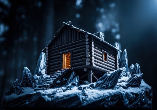 Rustic wooden log cabin model glowing warmly in a dark, snowy winter landscape