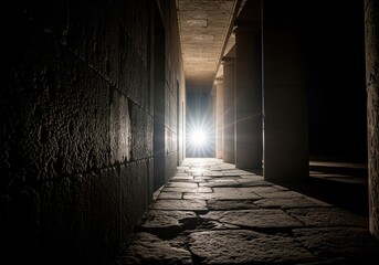 Fototapeta premium Dramatic light at the end of a long dark stone corridor with ancient columns
