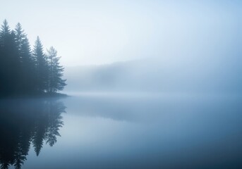 Fototapeta premium Tranquil lake reflecting a dark forest shore covered in thick blue morning fog