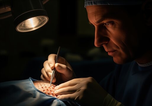 Intense focus of a surgeon during hair transplant graft placement procedure