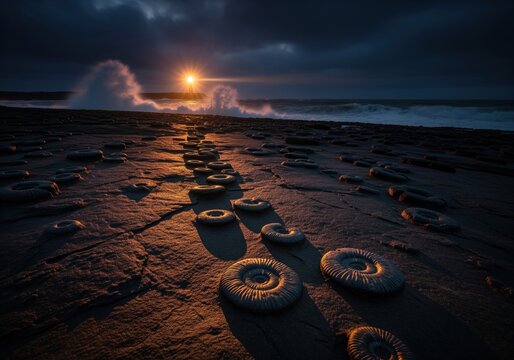 Ancient ammonite fossil trail illuminated by dramatic light on a dark, stormy ocean coast.