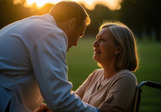 Caring doctor consoles crying senior woman backlit by dramatic golden sunset light
