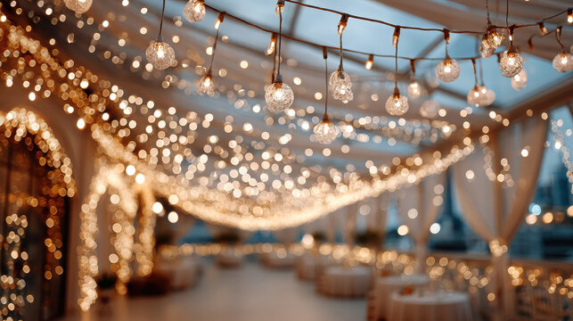Blurred hanging string lights and golden bokeh bulbs in a festive event venue. Magical wedding and holiday background.