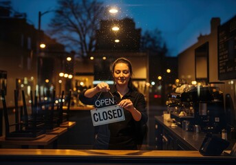 Smiling barista flips the open sign to closed in her small coffee shop at night.