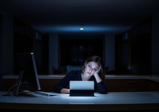 Tired woman working late night alone in a dark office illuminated by a glowing tablet.