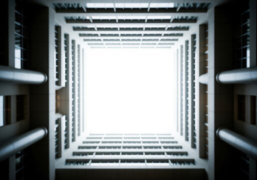 Dramatic low angle view looking up into a modern skyscraper atrium or geometric light well